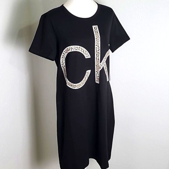 Calvin Klein Black T-Shirt Dress Leopard CK Logo on the Front, Size Large, NWT - Picture 7 of 11